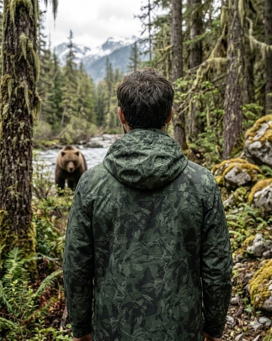 Person in a green camouflage jacket facing a bear in a forest setting