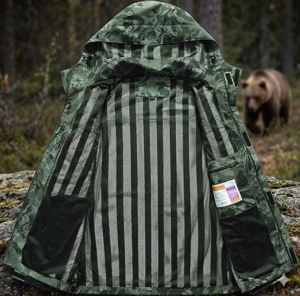 Green camouflage jacket with a bear in the background