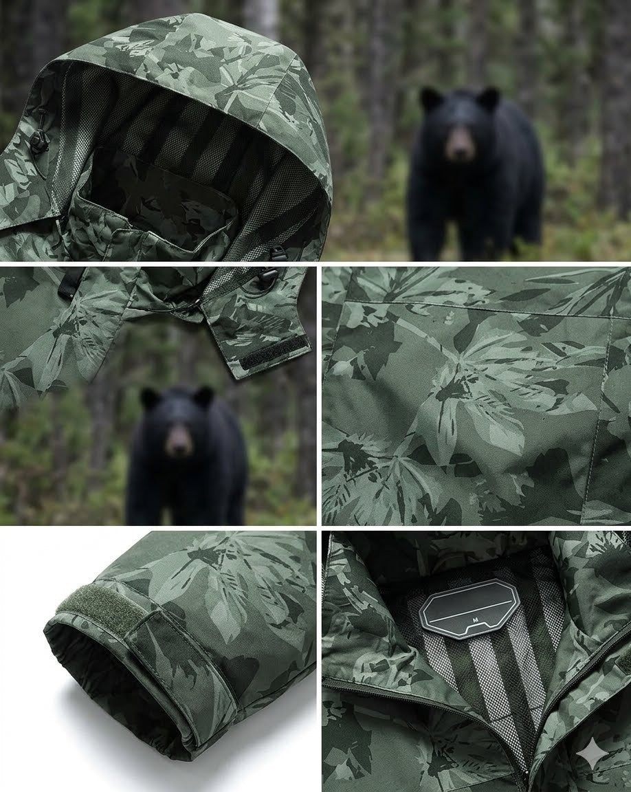 Collage of a camouflage jacket with a bear in the background, showcasing different angles and details.