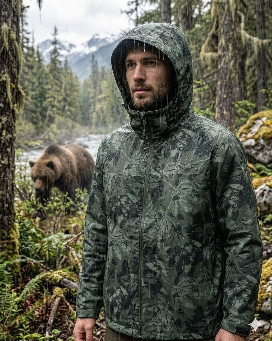 Man wearing a green camouflage jacket in a forest with a bear in the background