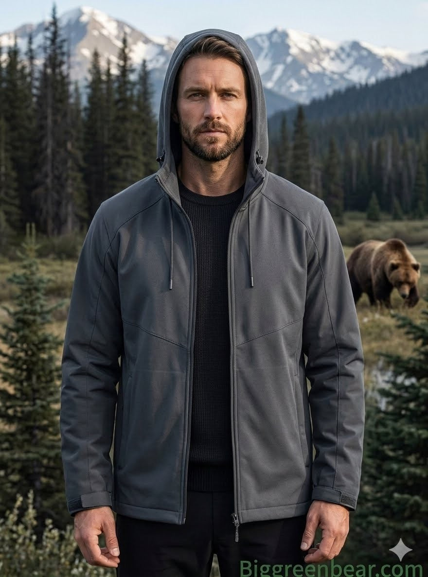 Man wearing a gray jacket with a hood in a forest with a bear and mountains in the background.