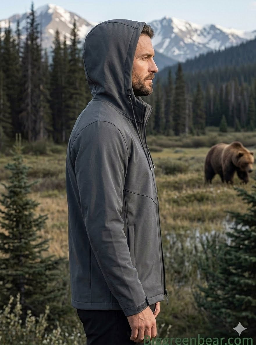 Person wearing a gray jacket in a natural setting with mountains and a bear.