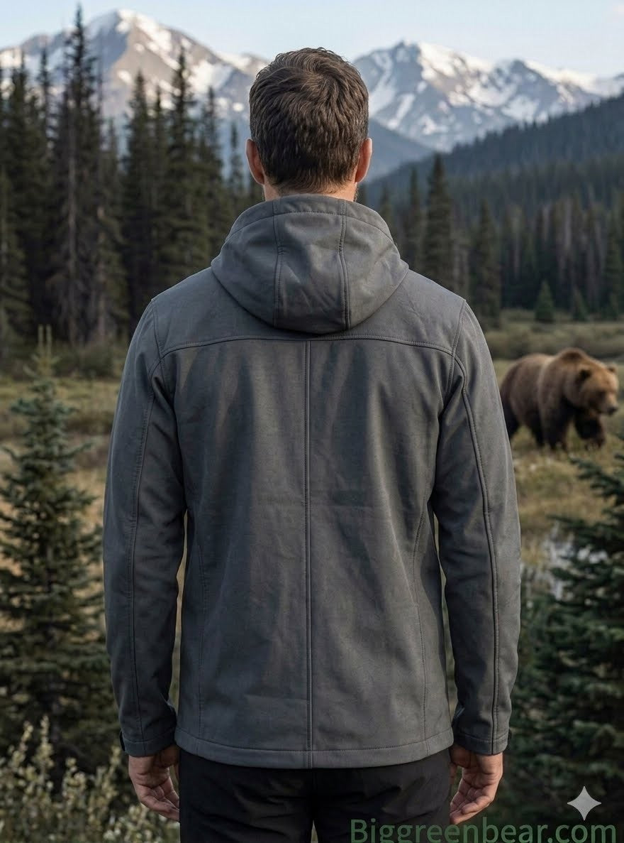 Man wearing a gray jacket with a bear and mountain landscape in the background