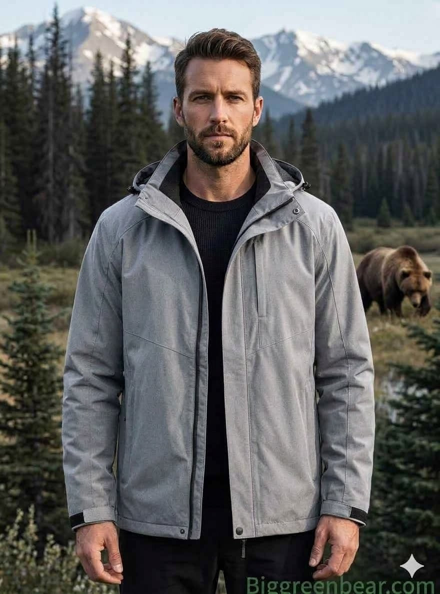 Man wearing a gray jacket standing in a forest with a bear and mountains in the background big green bear