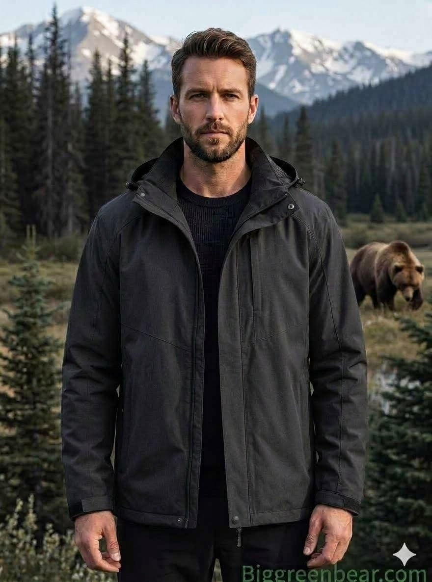 Man wearing a black jacket standing in a forest with a bear and mountains in the background big green bear