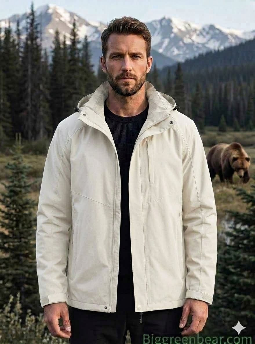 Man wearing a white jacket standing in a natural setting with mountains and a bear in the background. big green bear