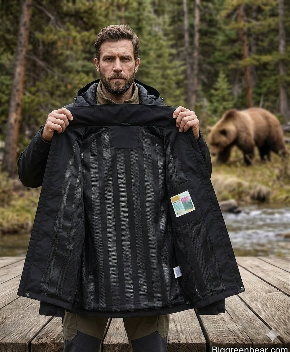 Man holding a black jacket with a bear in the background
