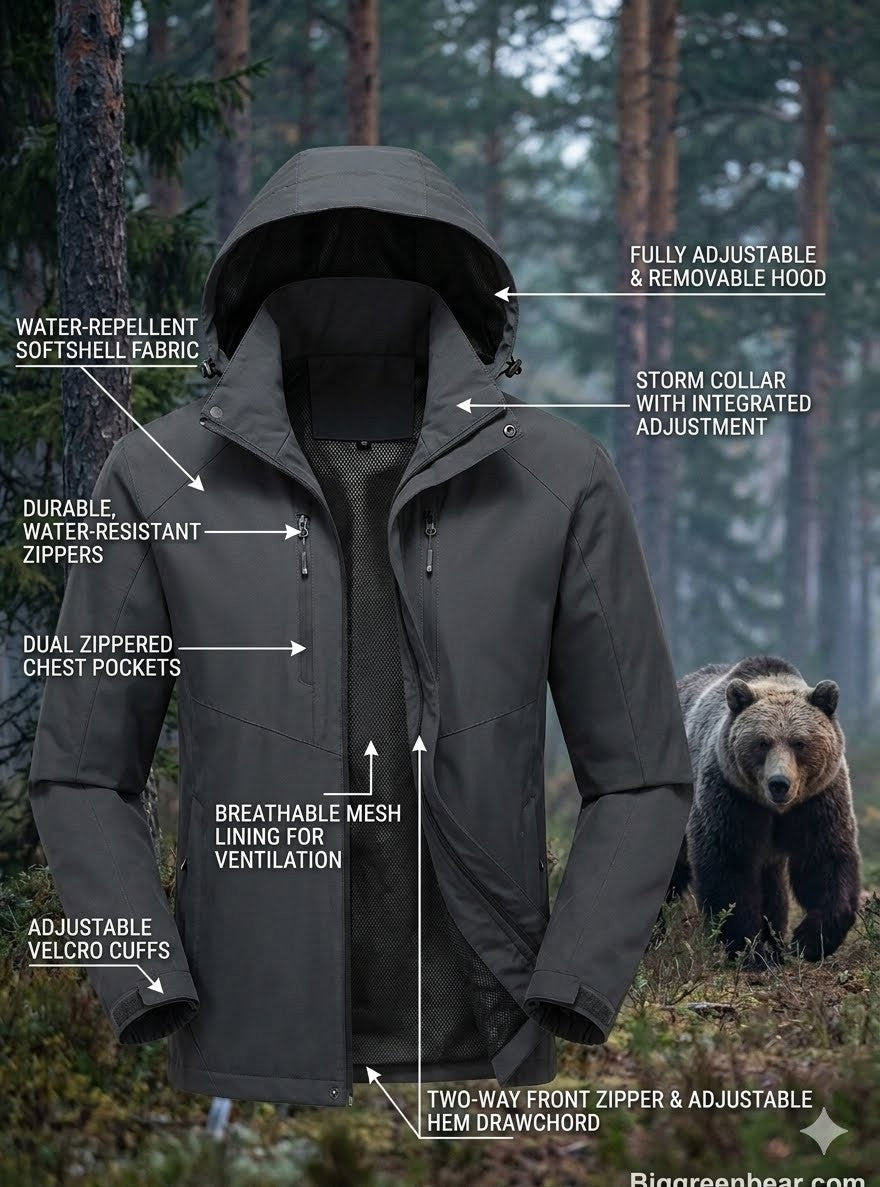 Gray jacket with features highlighted in a forest setting, bear in the background.