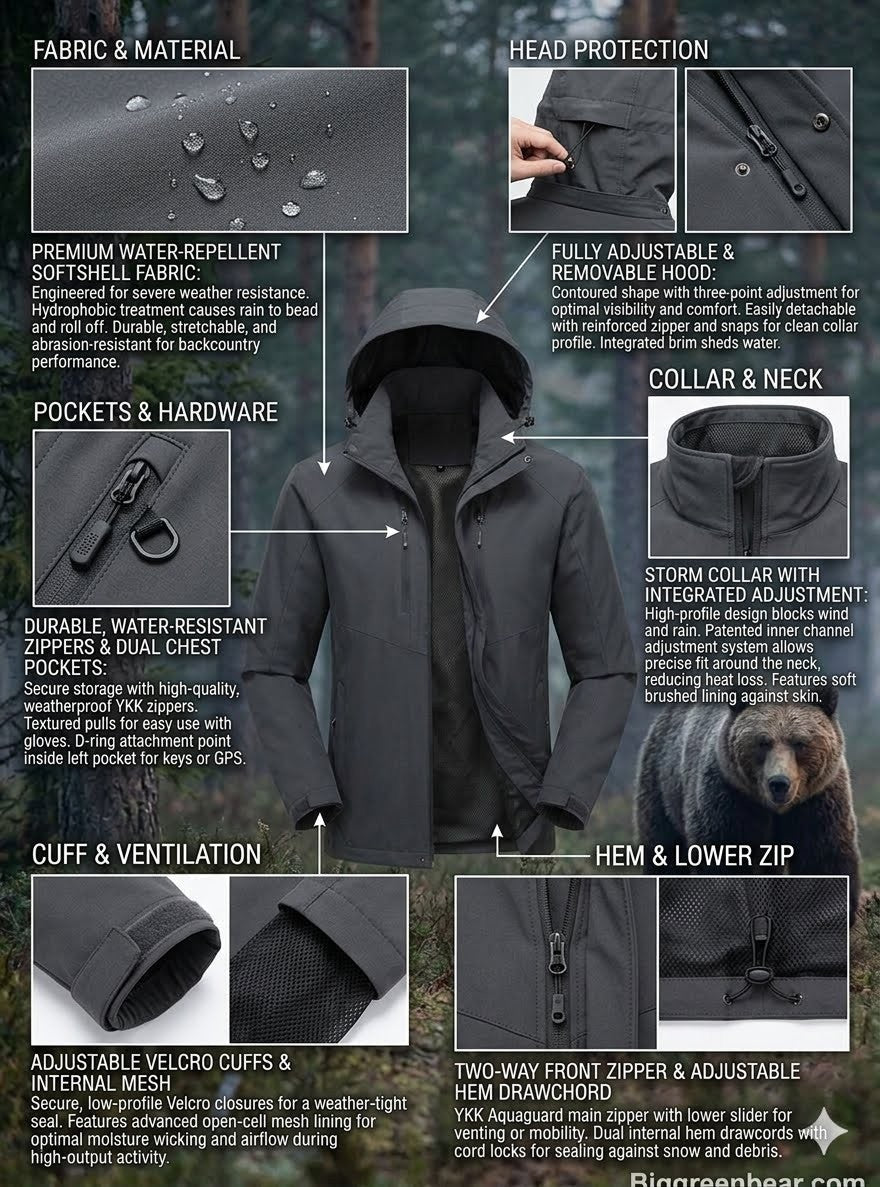 Detailed view of a gray jacket with various features highlighted, set against a forest background.