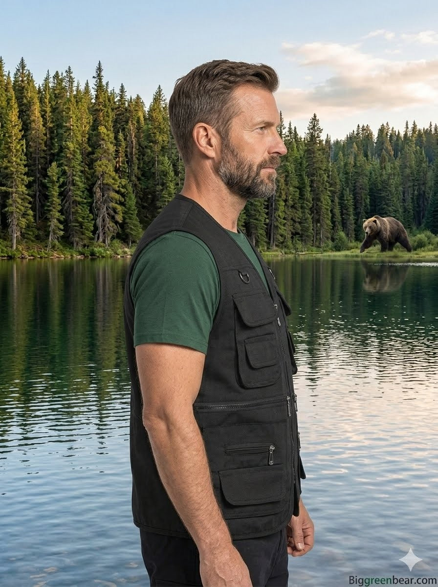 Man in a black vest standing by a lake with a bear in the background