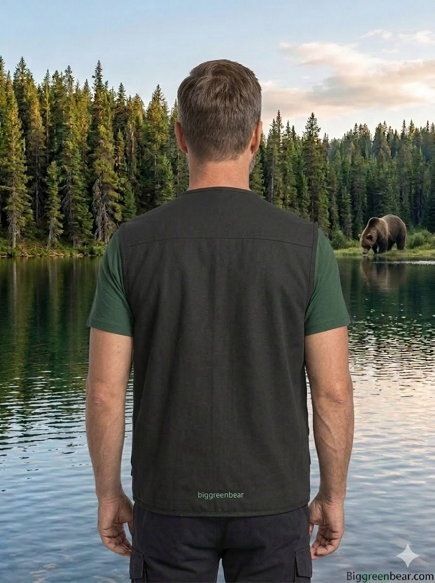 Man wearing a black vest and green shirt standing by a lake with a bear in the background.