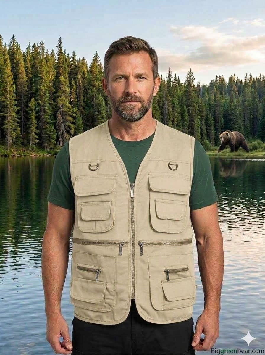 Man wearing a beige vest standing by a lake with trees and an elephant in the background big green bear