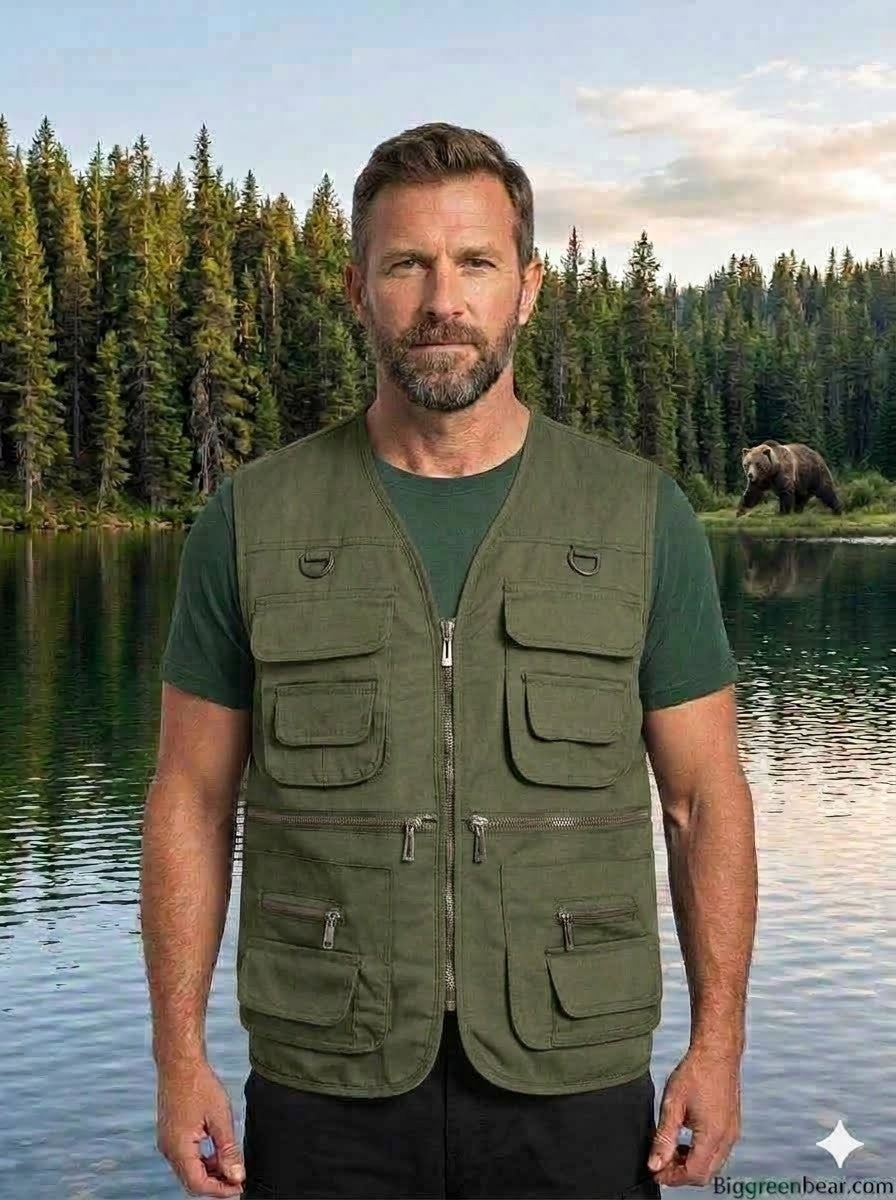 Man wearing a green vest standing by a lake with trees and a bear in the background big green bear