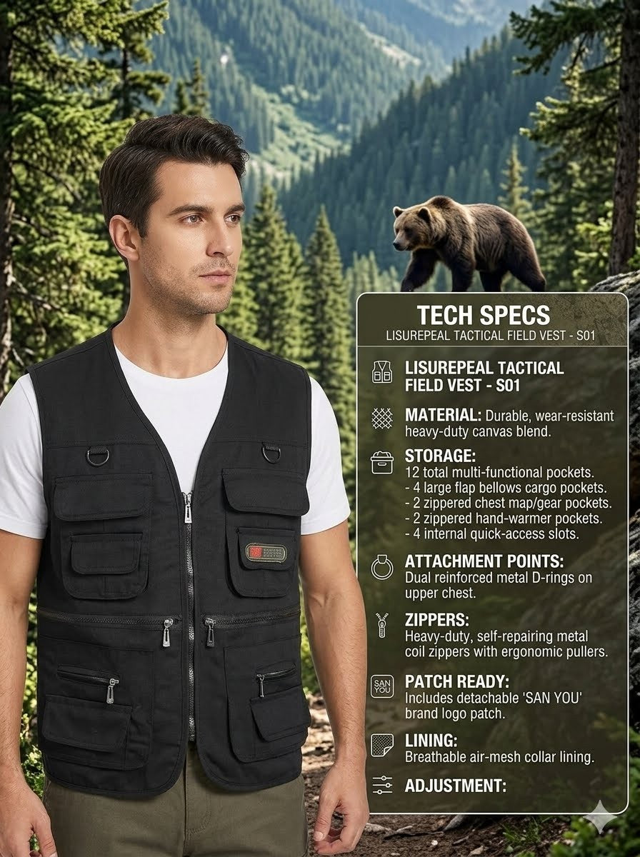 Man wearing a black tactical field vest with a bear and mountain background