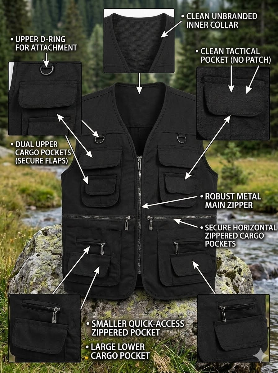 Black tactical vest with features highlighted on a natural background