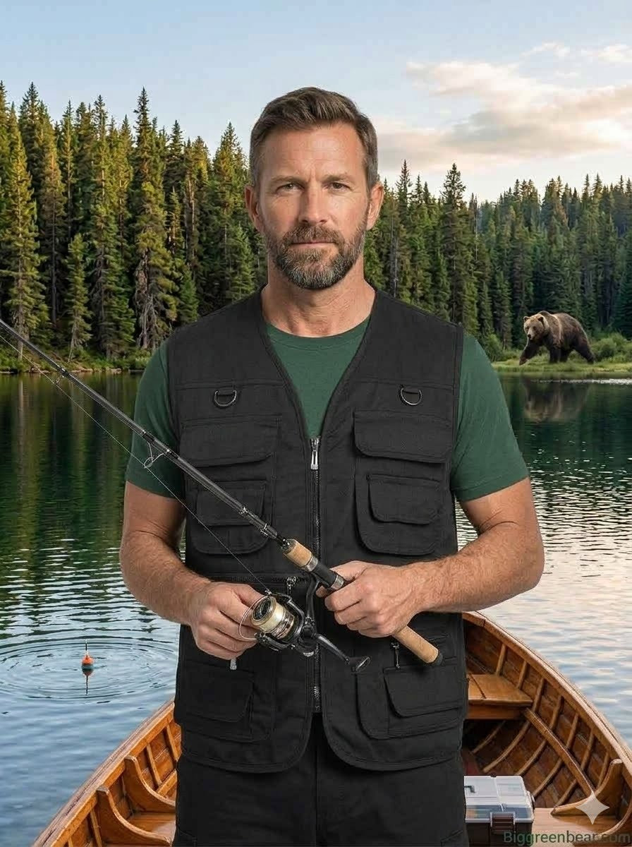 Man in a boat holding a fishing rod with a forest and bear in the background