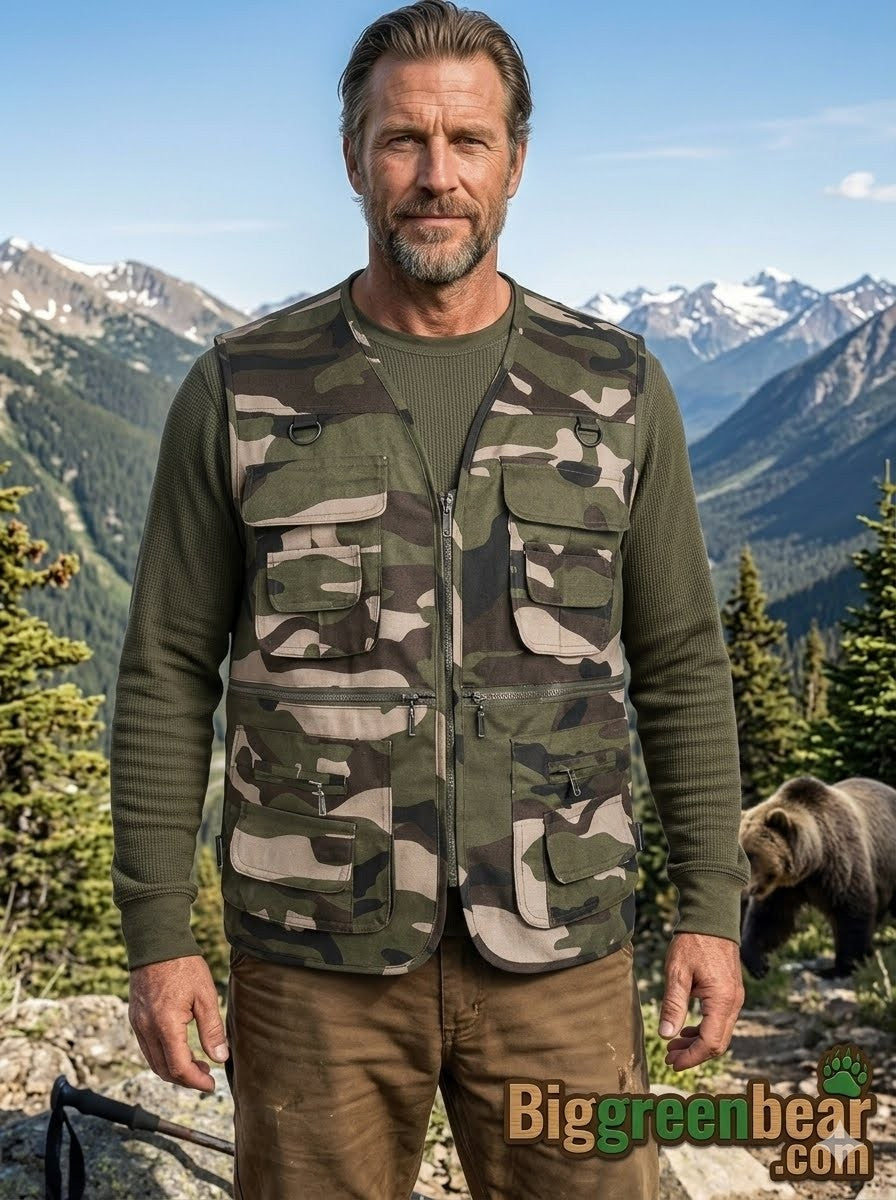 Man wearing a camouflage vest with a bear and mountainous landscape in the background big green bear