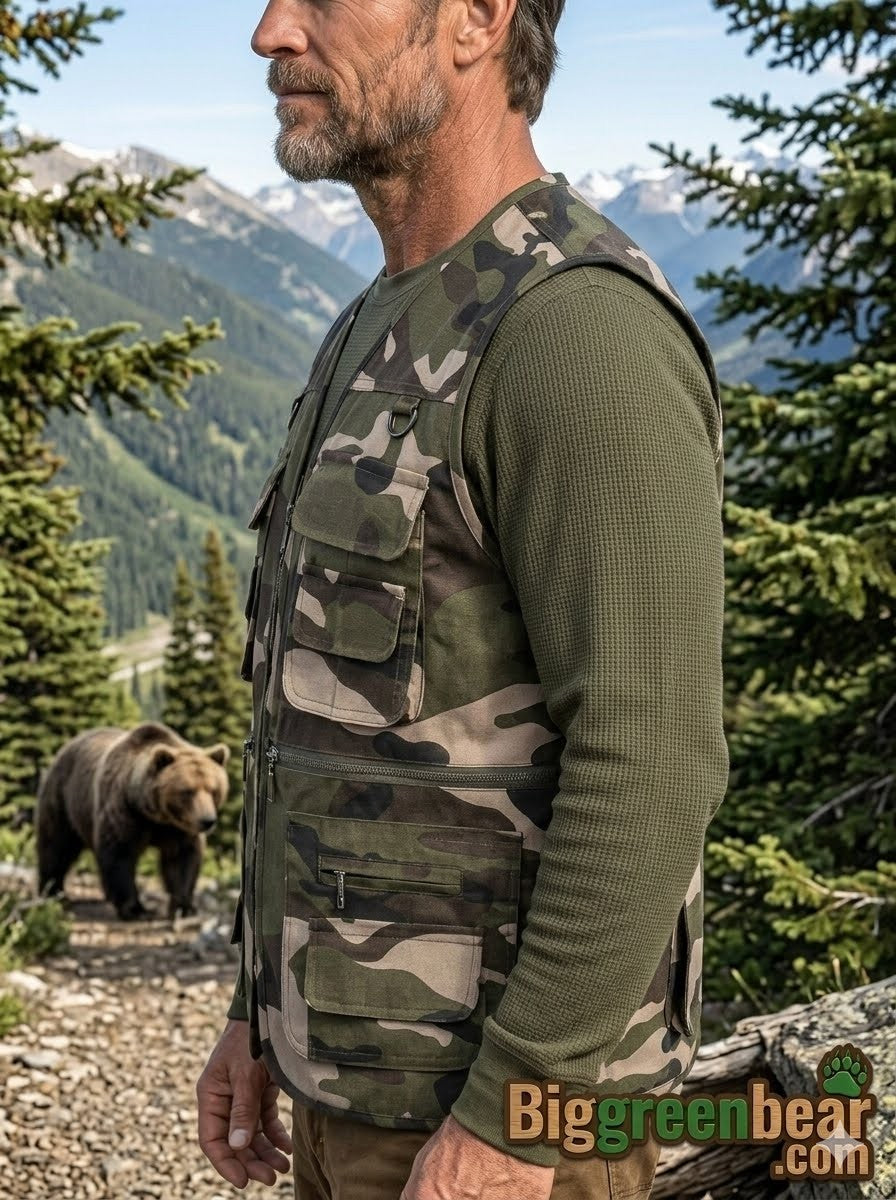 Man wearing a camouflage vest and green shirt in a mountainous forest with a bear in the background.