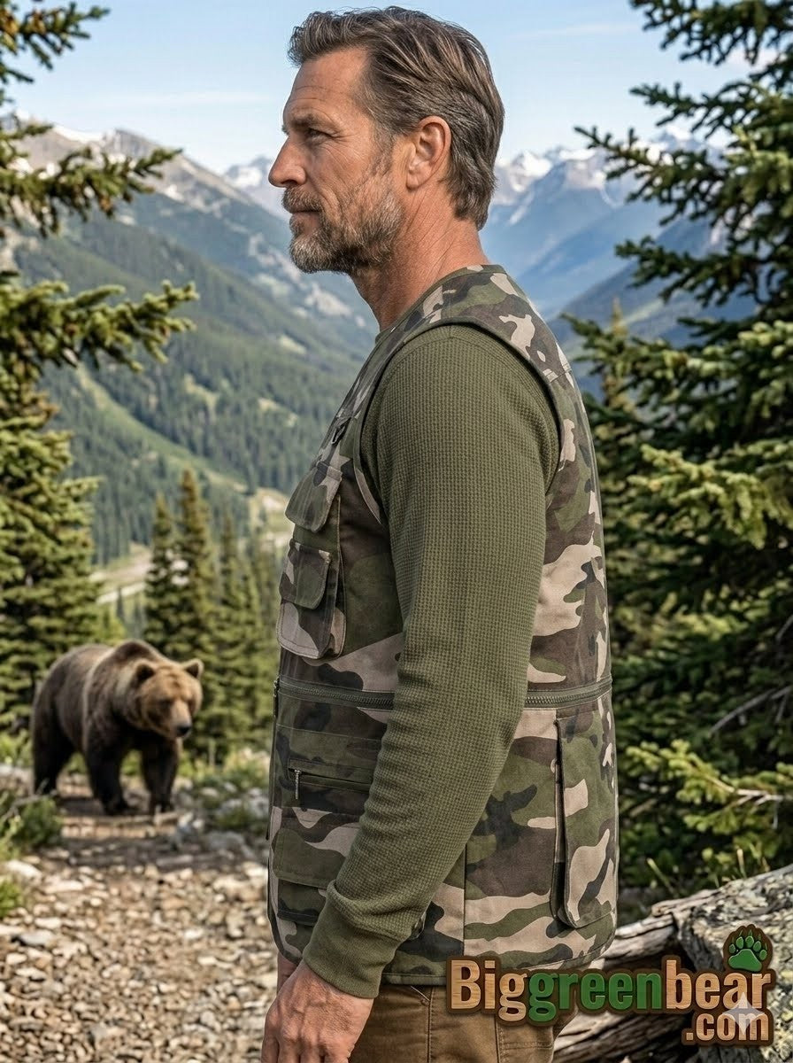 Man in camouflage vest standing next to a bear in a mountainous forest, with 'Biggreenbear.com' branding.