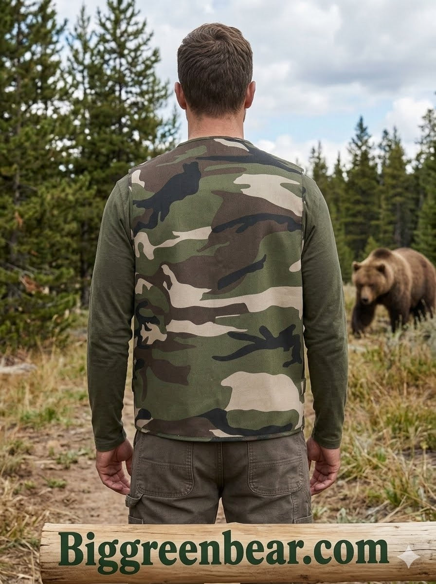 Man wearing a camouflage vest in a forest with a bear in the background, featuring the brand 'Biggreenbear.com'.