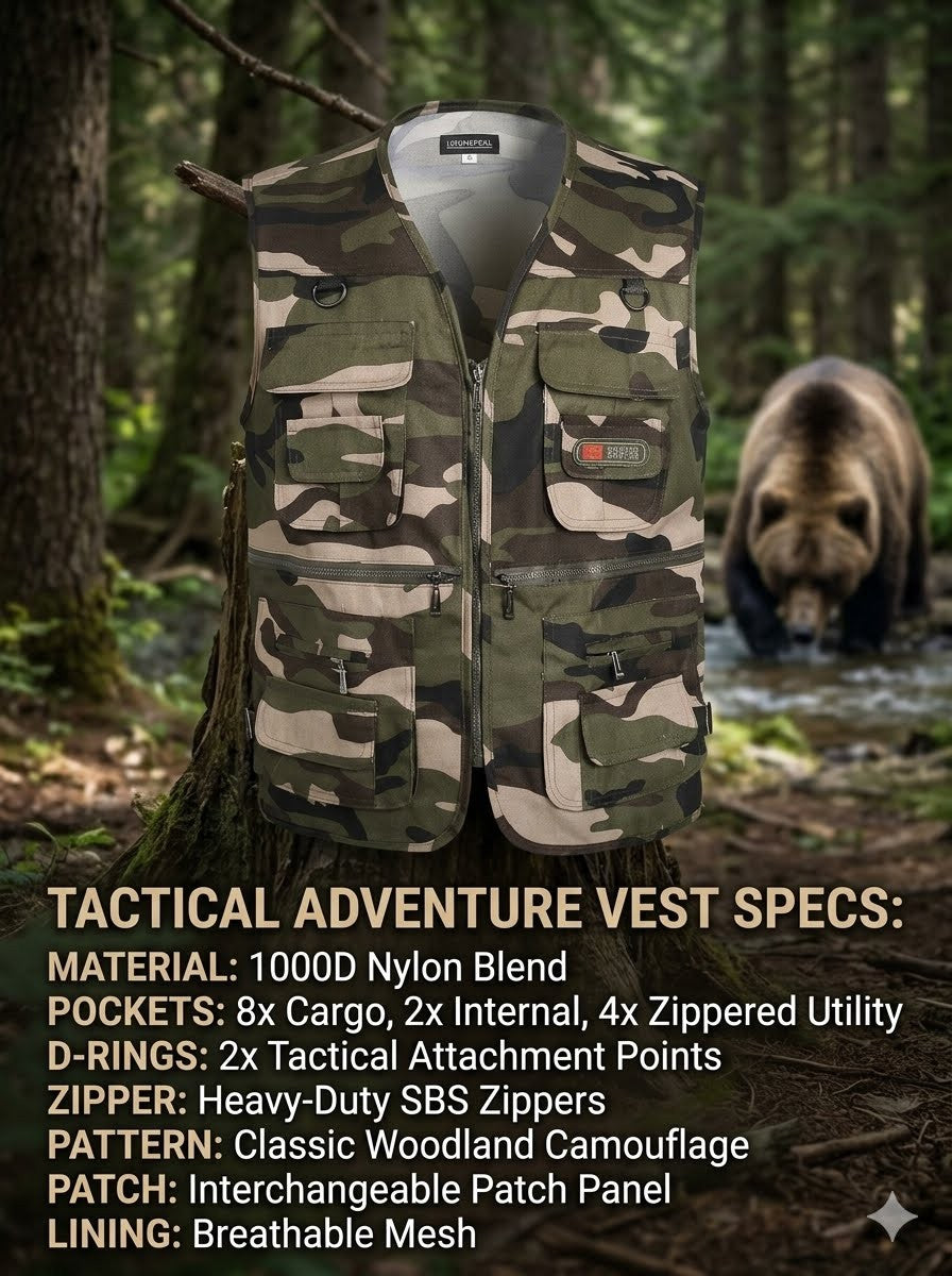 Camouflage tactical adventure vest with bear in the background