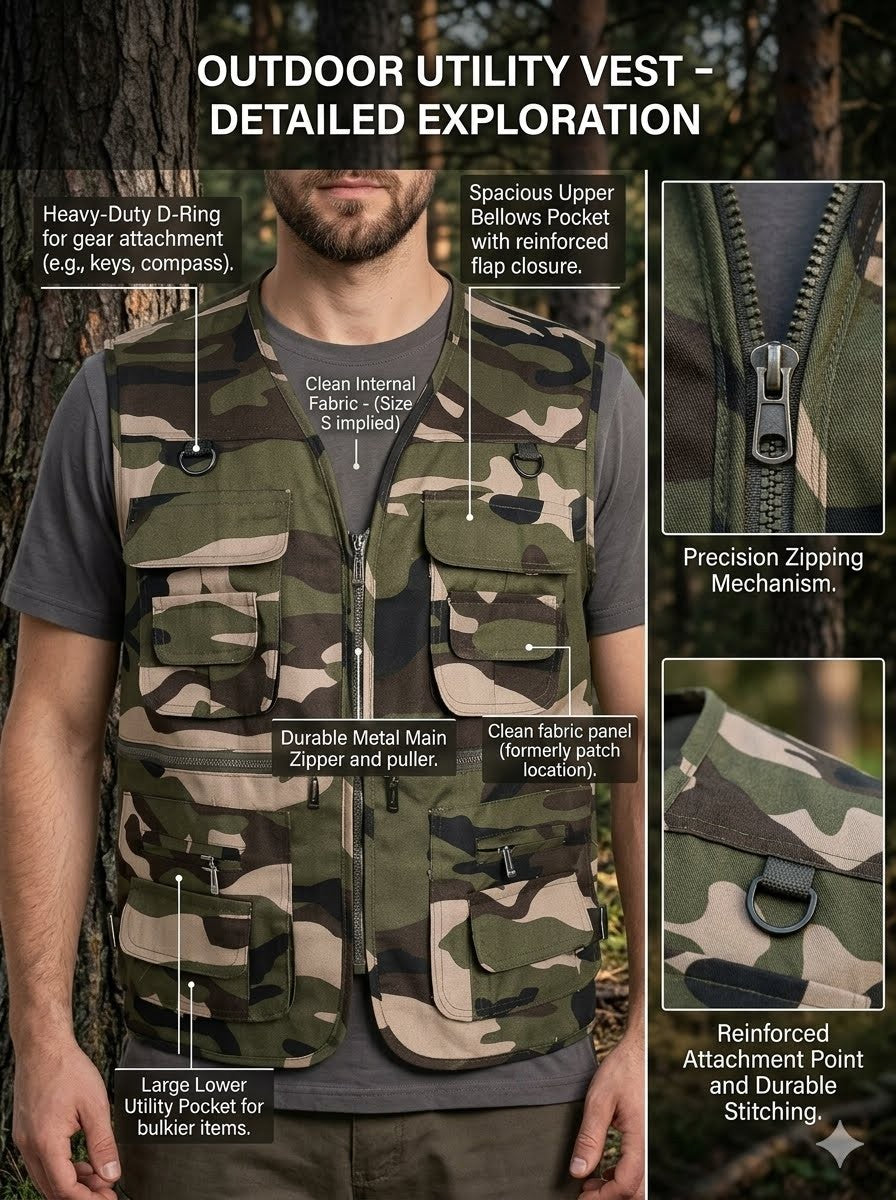 Camouflage utility vest with detailed features highlighted, set against a natural outdoor background.