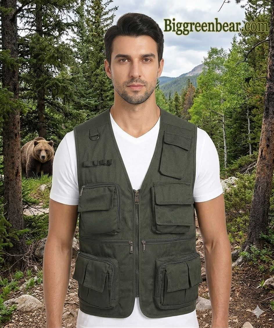 Man wearing a green vest in a forest with a bear in the background, featuring Biggreenbear.com.