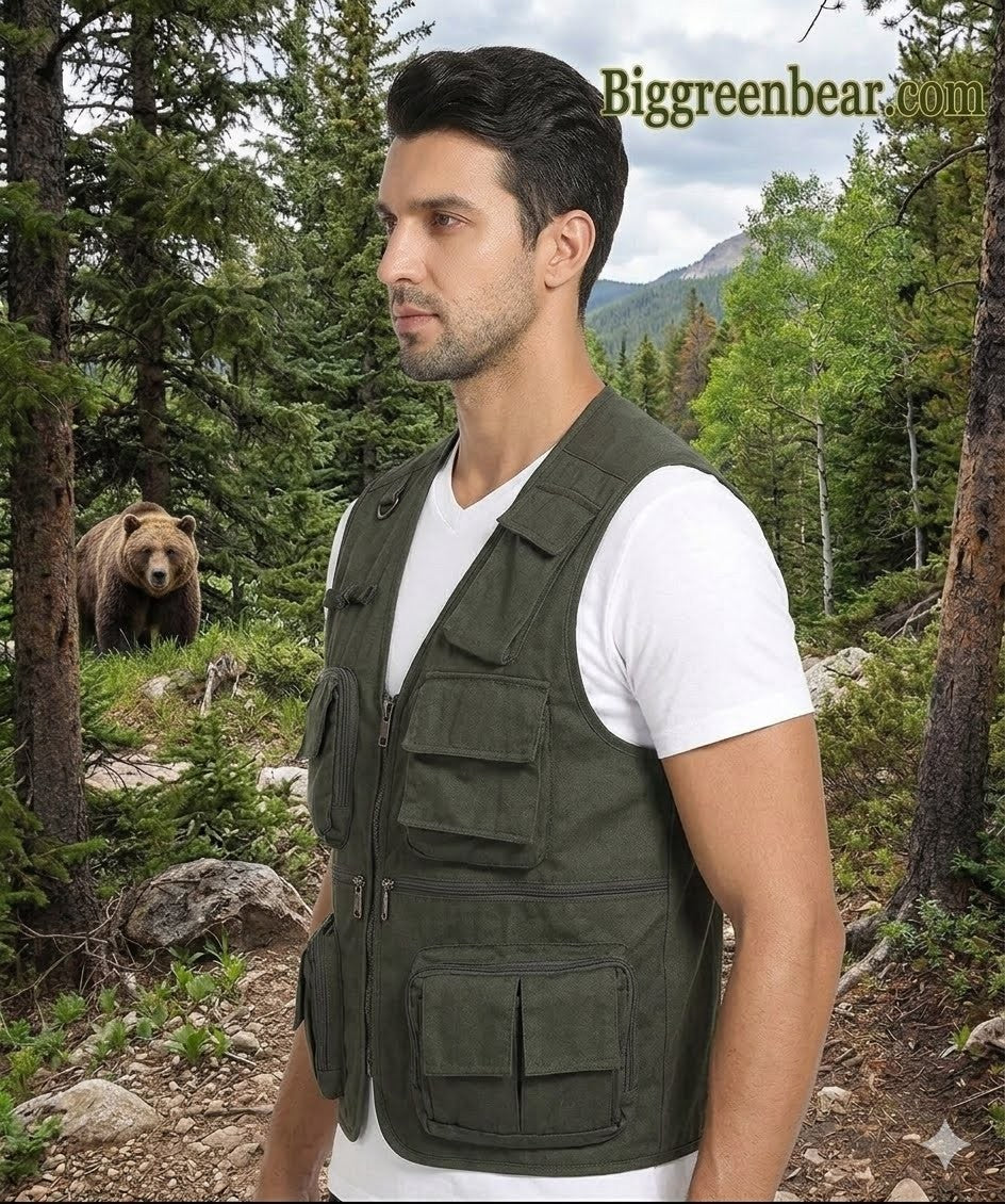 Man wearing a green vest in a forest with a bear in the background