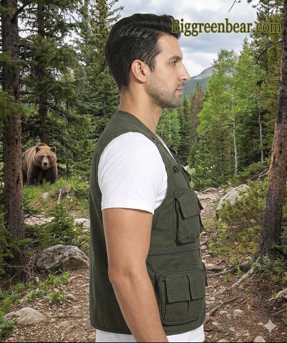 Man wearing a green vest in a forest with a bear in the background