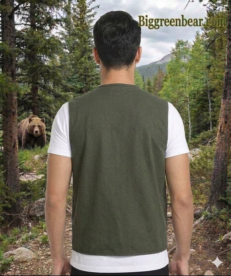 Person wearing a green sleeveless shirt in a forest with a bear in the background