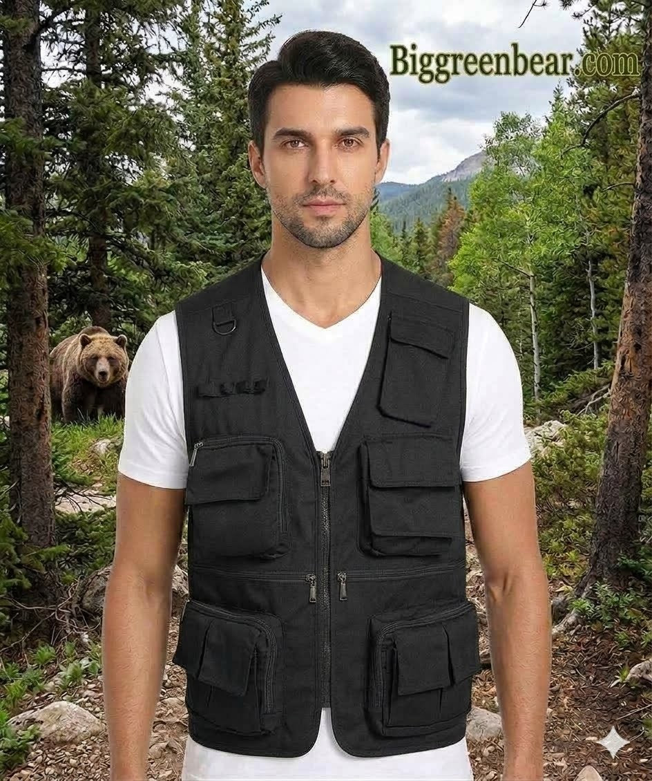Man wearing a black vest in a forest with a bear in the background