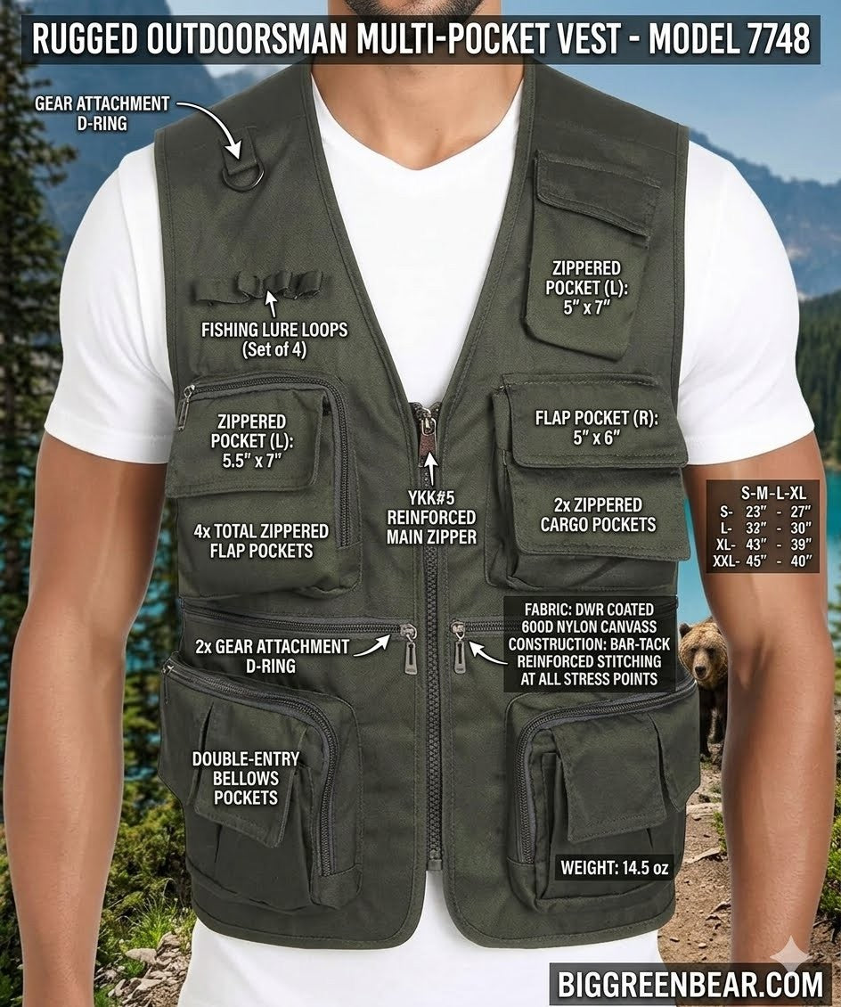 Rugged Outdoorsman Multi-Pocket Vest with features labeled outdoors.