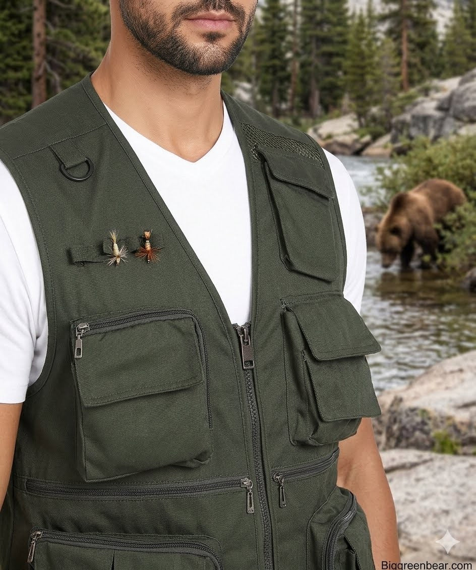 Person wearing a green vest with a bear in the background