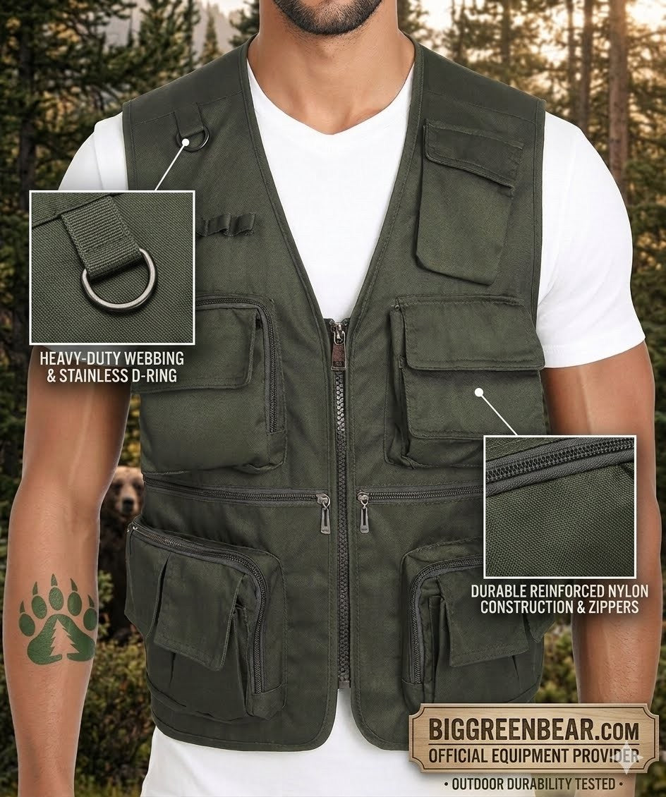 Green vest with detailed features and branding on a person outdoors.