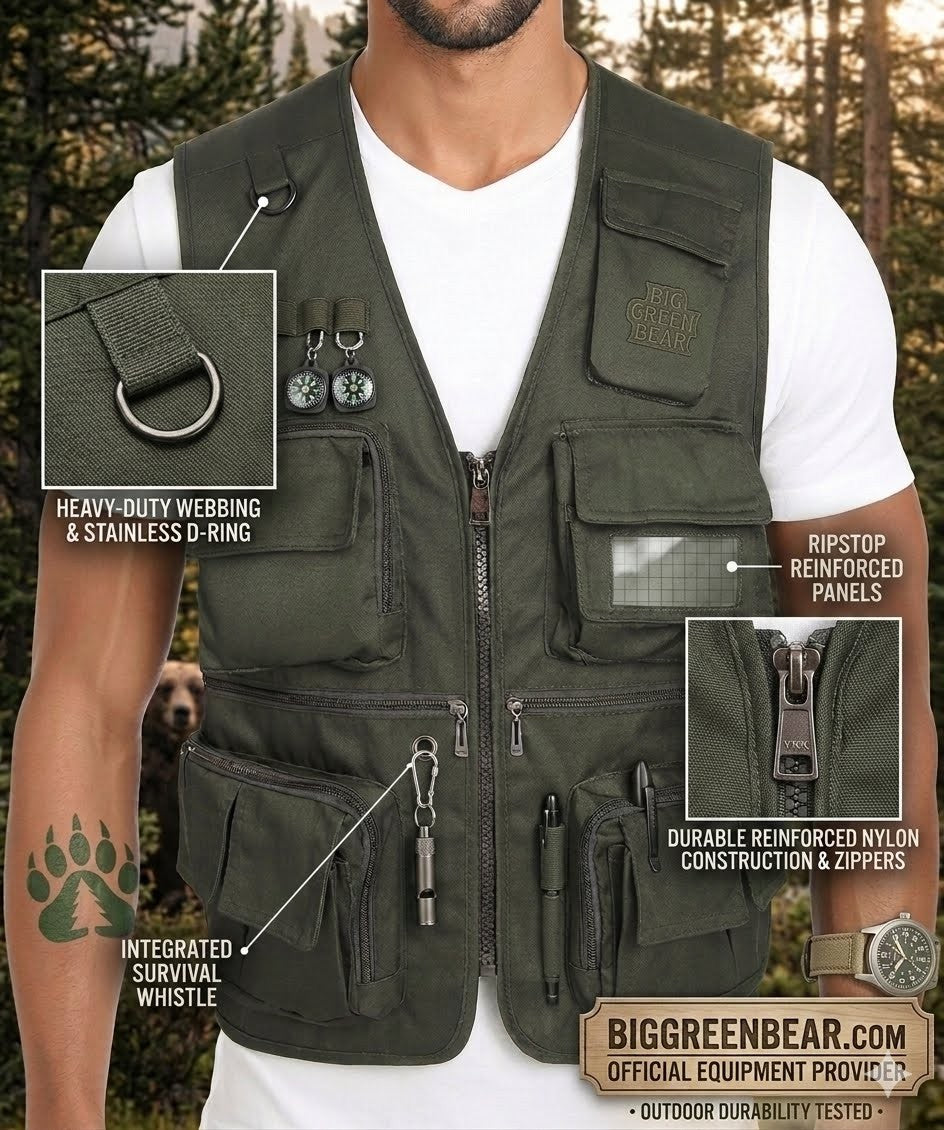 Green vest with multiple pockets and features highlighted, worn by a person outdoors.