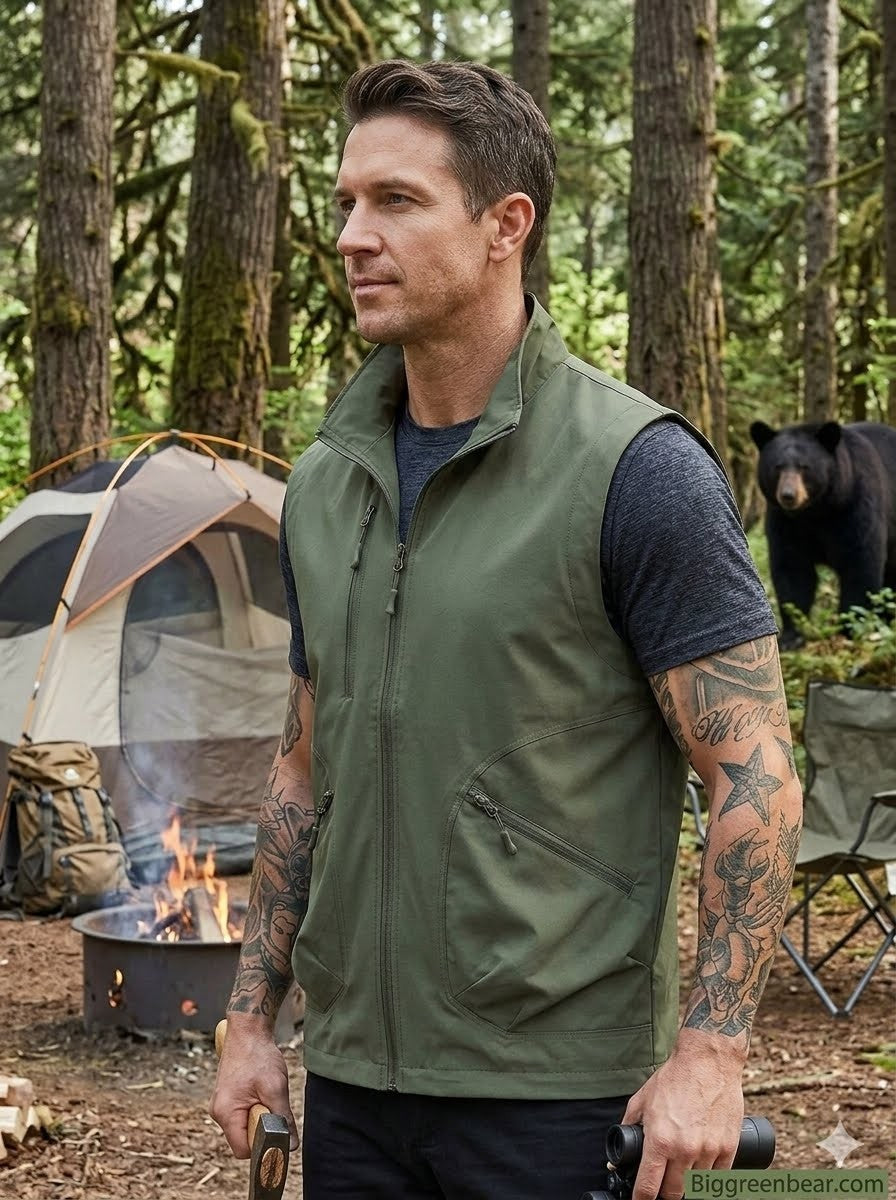 Man in a green vest standing in a forest with camping gear and a bear in the background.