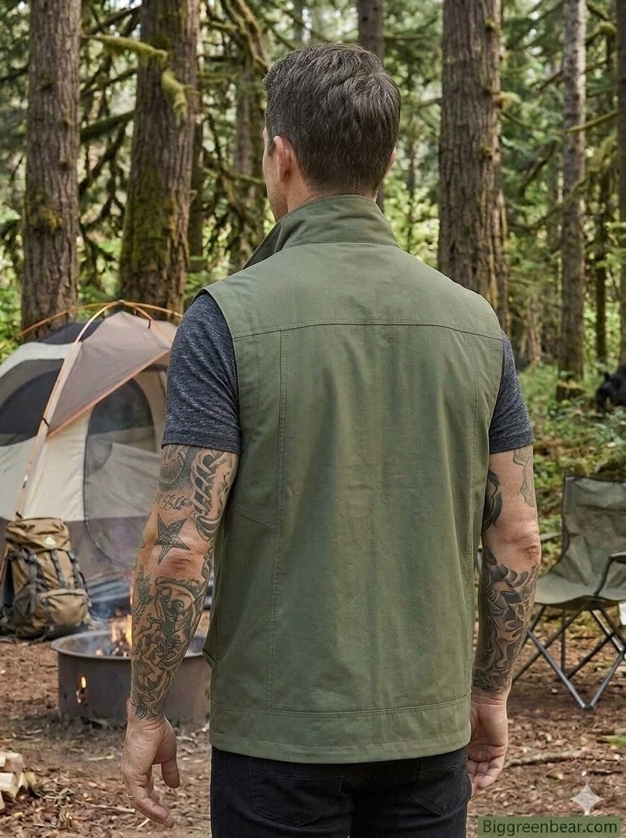Man wearing a green vest in a forest setting with camping gear.