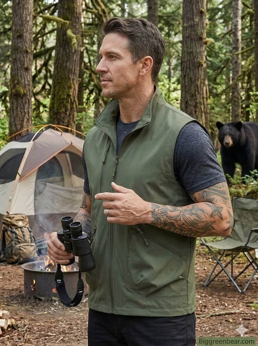 Man in a green vest holding binoculars in a forest setting with a tent and bear in the background.