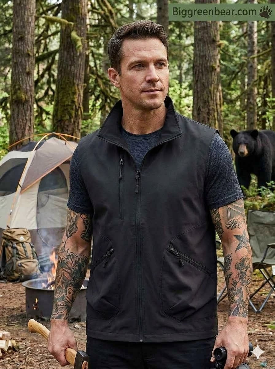 Man in a black vest standing in a forest with camping gear and a bear in the background. big green bear