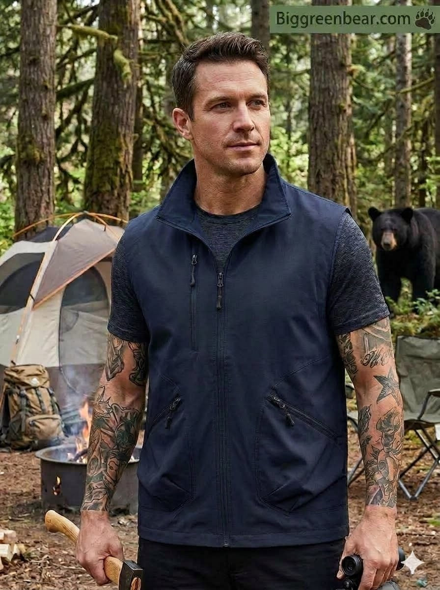 Man wearing a navy blue vest in a forest setting with camping gear and a bear in the background. big green bear