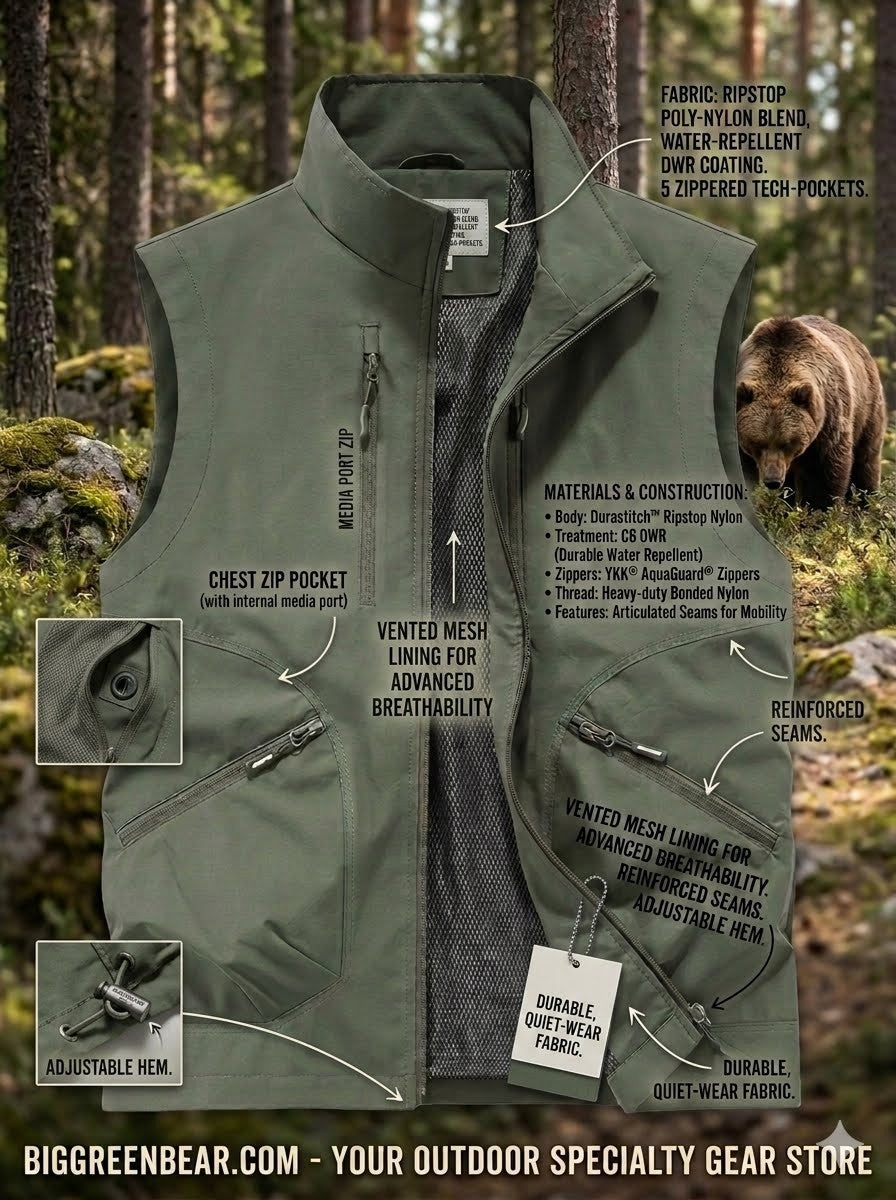Green hunting vest with technical details on a forest background, featuring a bear.