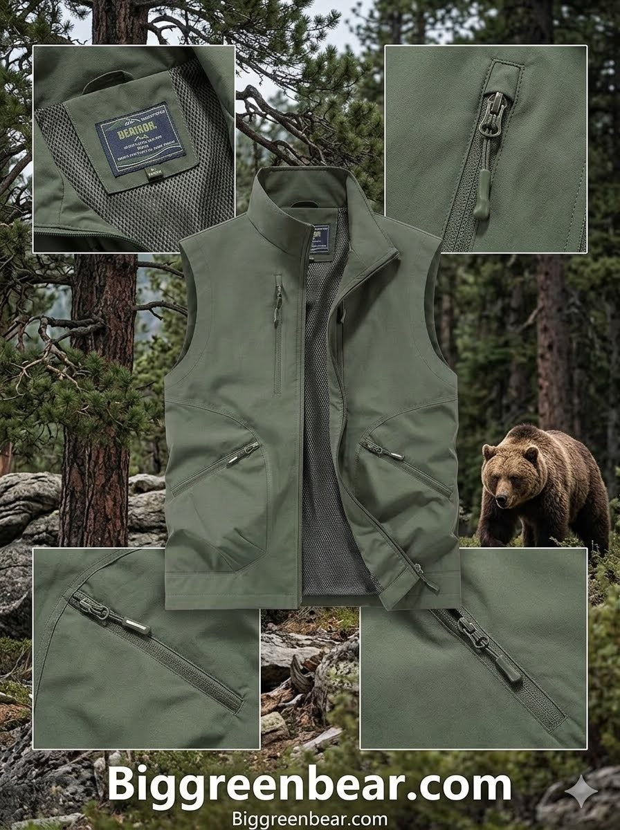 Green vest with detailed views in a forest setting, featuring Biggreenbear.com branding.