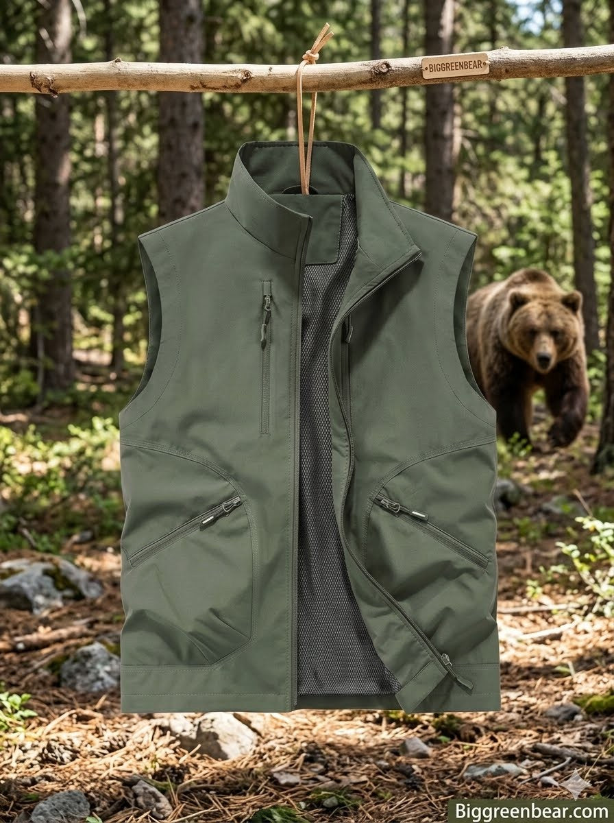 Green vest hanging on a branch with a bear in the background in a forest setting big green bear