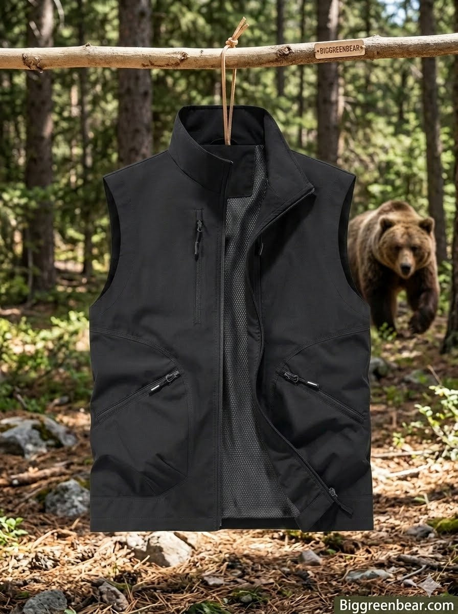 Black vest hanging on a branch with a bear in the background in a forest setting. big green bear
