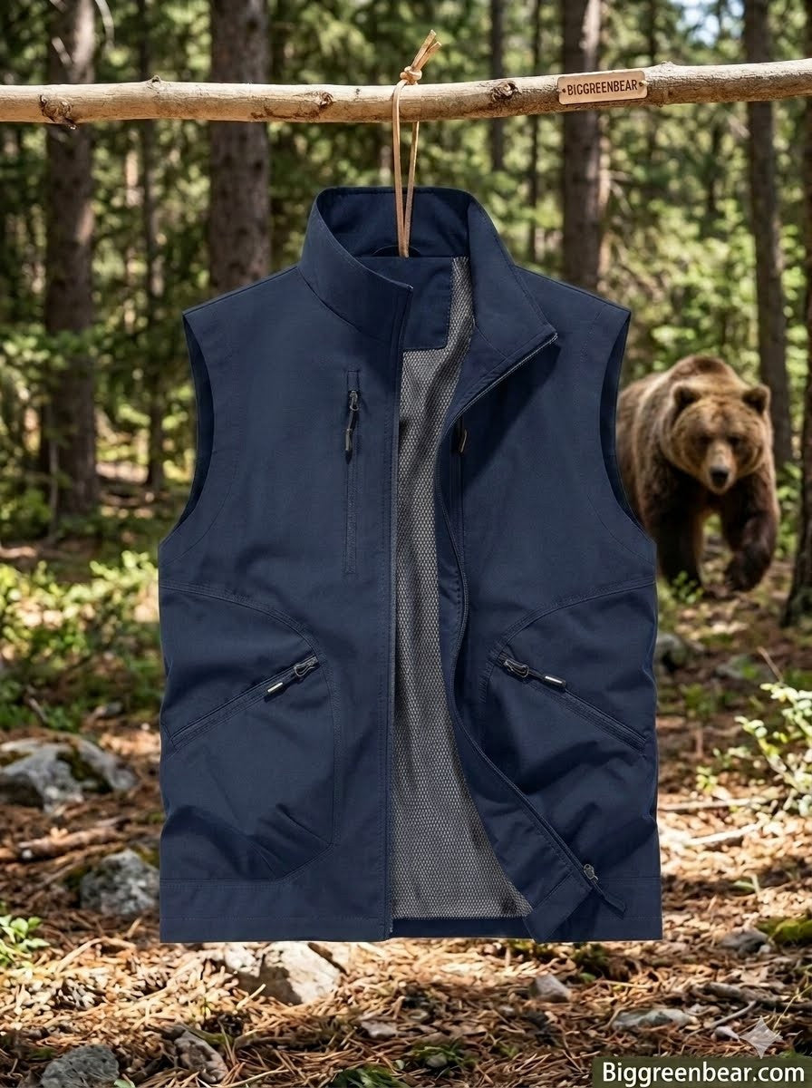 Navy blue vest hanging on a branch with a bear in the background big green bear