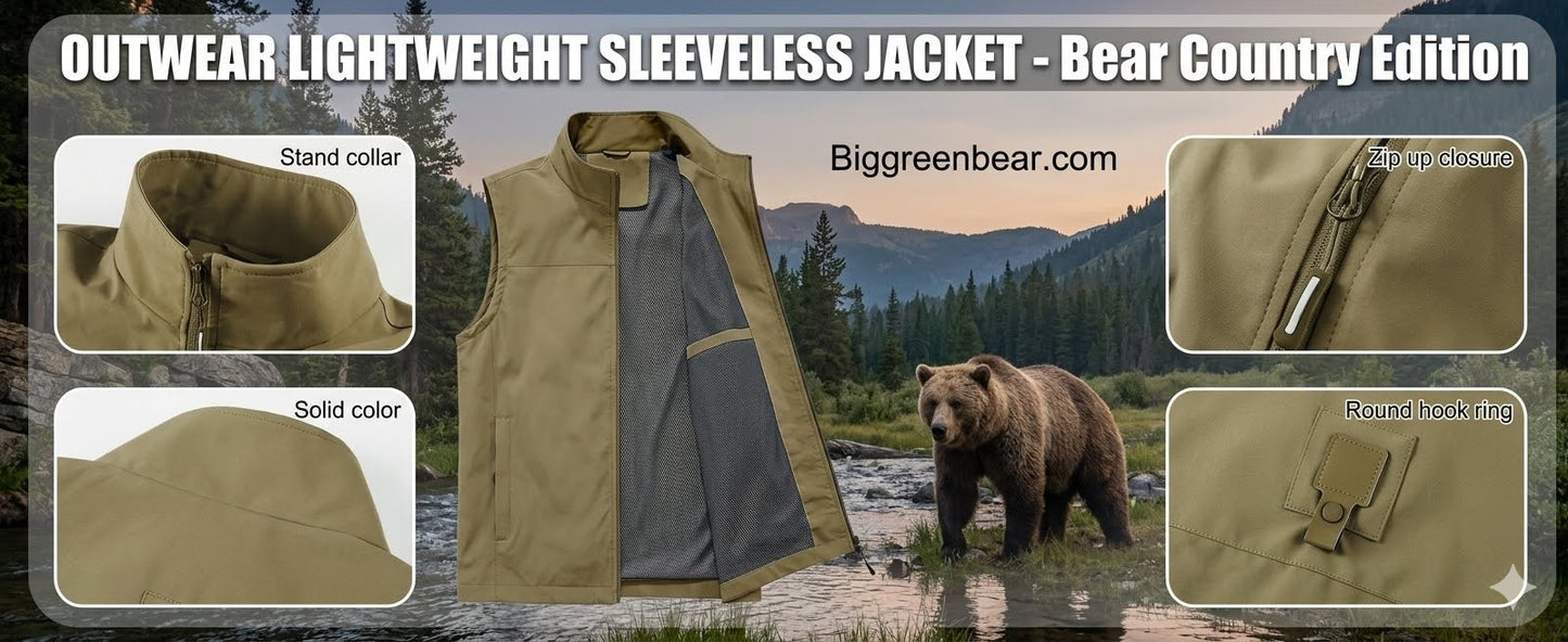 Lightweight sleeveless jacket with bear country edition design, featuring a bear and mountain landscape.