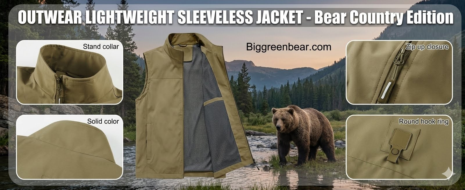 Lightweight sleeveless jacket with bear country edition design, featuring a bear and mountain landscape.