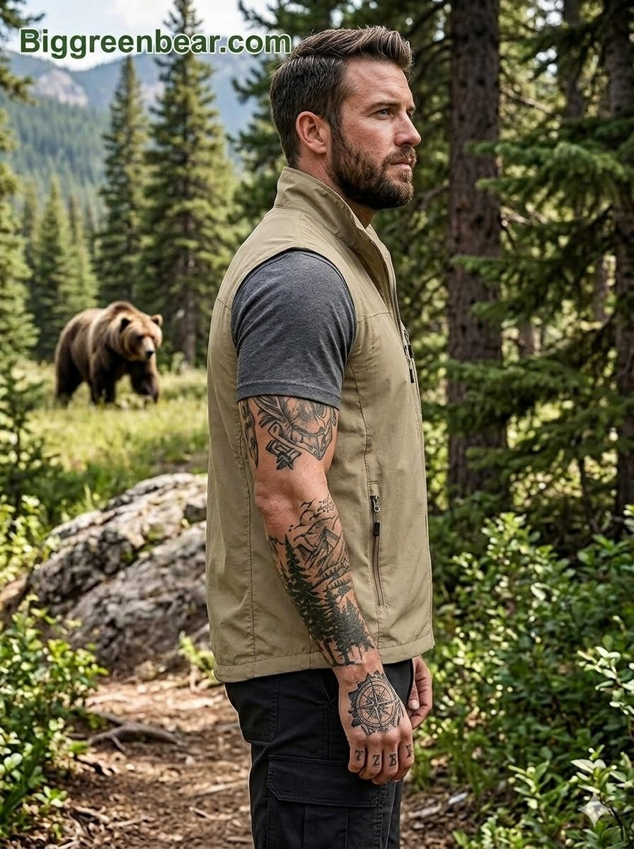 Man in a forest with a bear in the background, wearing a green vest.