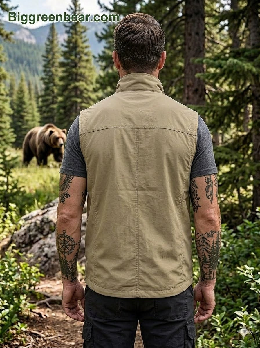 Man wearing a beige vest in a forest with a bear in the background