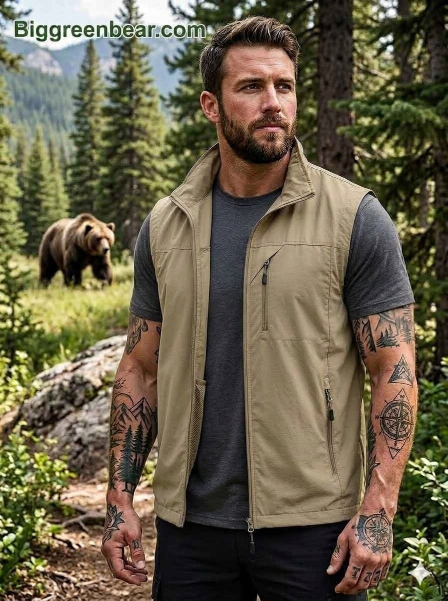 Man in a beige vest standing in a forest with a bear in the background